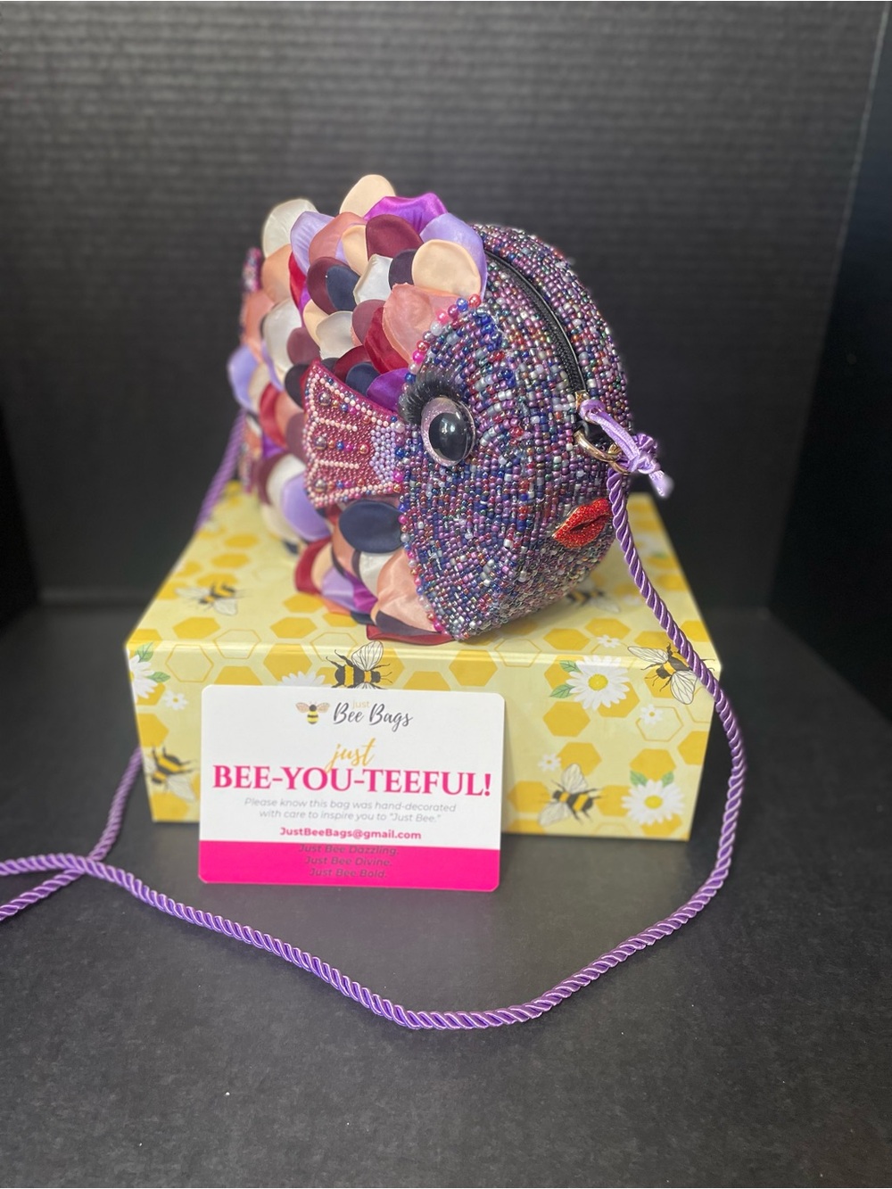 Just Bee Bags Shy Violet is a Playful Purple Beaded Fish Crossbody Hand Beaded!